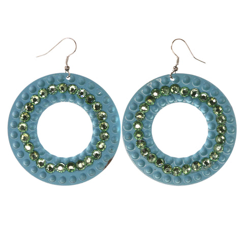 Blue & Green Colored Metal Dangle-Earrings With Crystal Accents #LQE3696