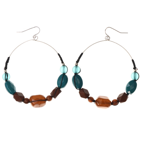 Brown & Blue Colored Metal Dangle-Earrings With Bead Accents #LQE3741