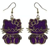 Glitter Cat Bow Dangle-Earrings Purple & Gold-Tone Colored #LQE3768