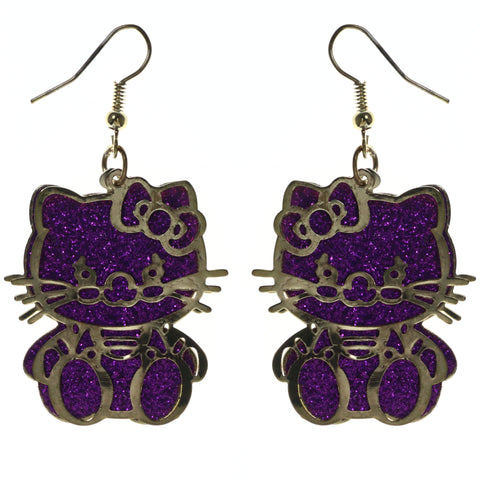 Glitter Cat Bow Dangle-Earrings Purple & Gold-Tone Colored #LQE3768