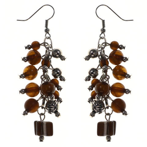 Brown & Silver-Tone Colored Metal Dangle-Earrings With Bead Accents #LQE3769