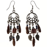 Stone Leaf Dangle-Earrings Bead Accents Silver-Tone & Brown #LQE3770