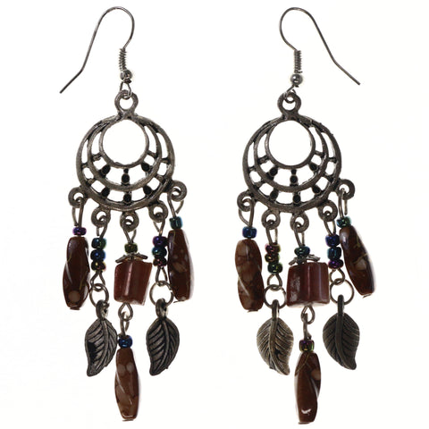 Stone Leaf Dangle-Earrings Bead Accents Silver-Tone & Brown #LQE3770