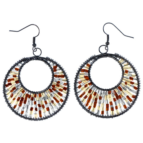 Brown & Silver-Tone Colored Metal Dangle-Earrings With Bead Accents #LQE3892