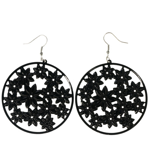 Flower Dangle-Earrings Black & Silver-Tone Colored #LQE3899