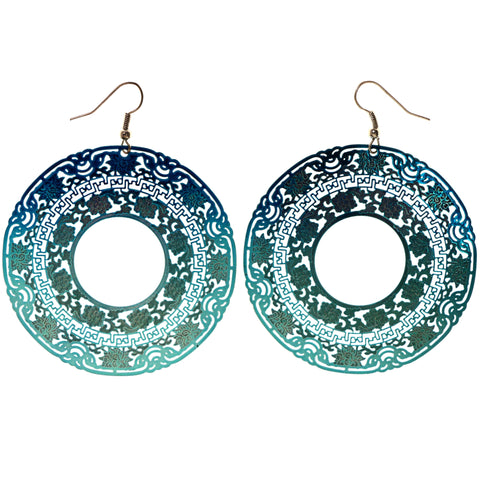 Flower Dangle-Earrings Blue & Silver-Tone Colored #LQE3904