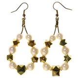 Gold-Tone & White Colored Metal Dangle-Earrings With Bead Accents #LQE3924
