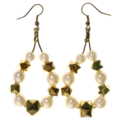 Gold-Tone & White Colored Metal Dangle-Earrings With Bead Accents #LQE3924