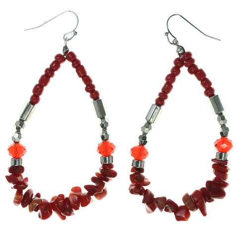 Red & Silver-Tone Colored Acrylic Dangle-Earrings With Bead Accents #LQE3967