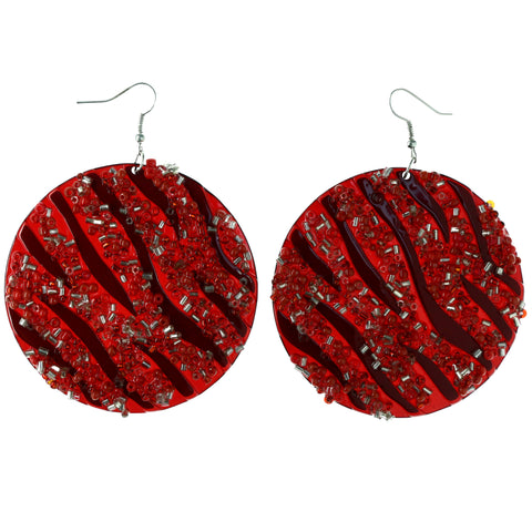 Zebra Stripes Dangle-Earrings Bead Accents Red & Silver-Tone #LQE4149