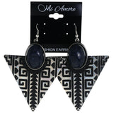 Tribal Pattern Dangle-Earrings Stone Accents Black & Silver-Tone