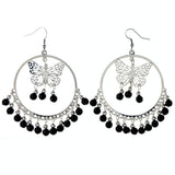 Butterfly Dangle-Earrings With Bead Accents Silver-Tone & Black Colored #LQE4182