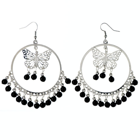 Butterfly Dangle-Earrings With Bead Accents Silver-Tone & Black Colored #LQE4182