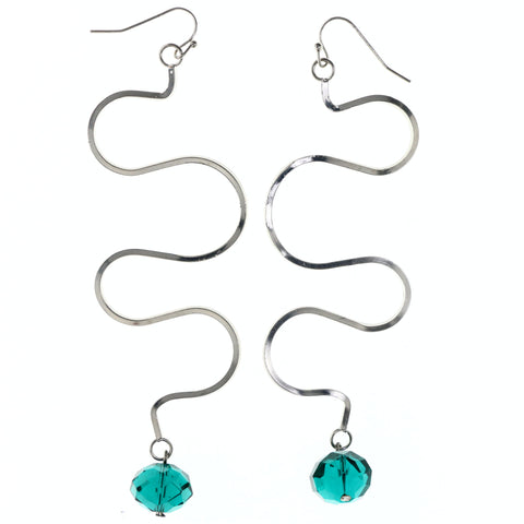 Silver-Tone & Green Colored Metal Dangle-Earrings With Bead Accents #LQE4186