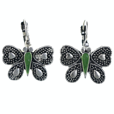 Butterfly Heart Dangle-Earrings Silver-Tone & Green Colored #LQE4243