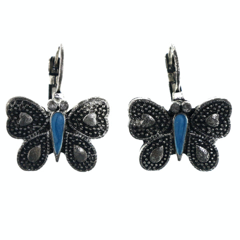 Butterfly Heart Dangle-Earrings Silver-Tone & Blue Colored #LQE4244