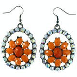 AB Finish Flower Dangle-Earrings Crystal Accents Orange & Silver-Tone
