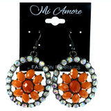 AB Finish Flower Dangle-Earrings Crystal Accents Orange & Silver-Tone