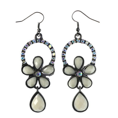 AB Finish Flower Dangle-Earrings Crystal Accents White & Silver-Tone