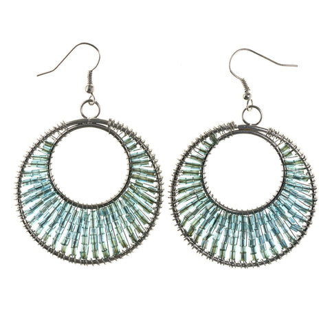 Blue & Silver-Tone Colored Metal Dangle-Earrings With Bead Accents #LQE4259