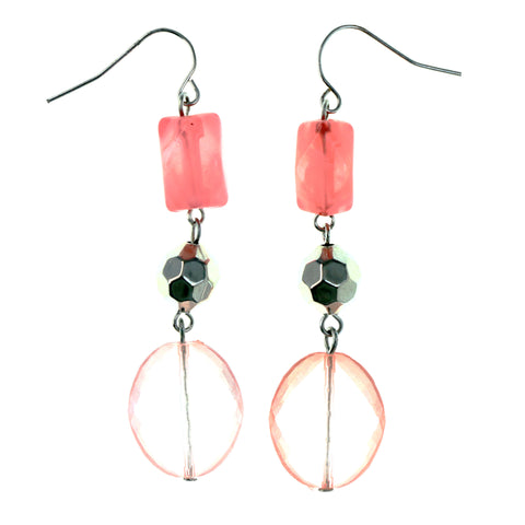 Glitter Dangle-Earrings With Bead Accents Pink & Silver-Tone Colored #LQE4282