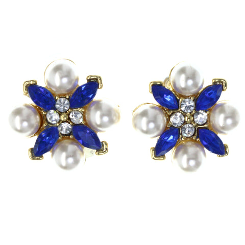 Flower Stud-Earrings With Crystal Accents Blue & White Colored #LQE4490