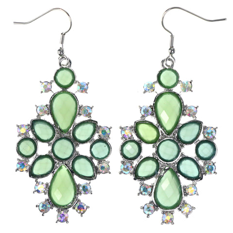Faceted AB Finish Dangle-Earrings Crystal Accents Green & Silver-Tone