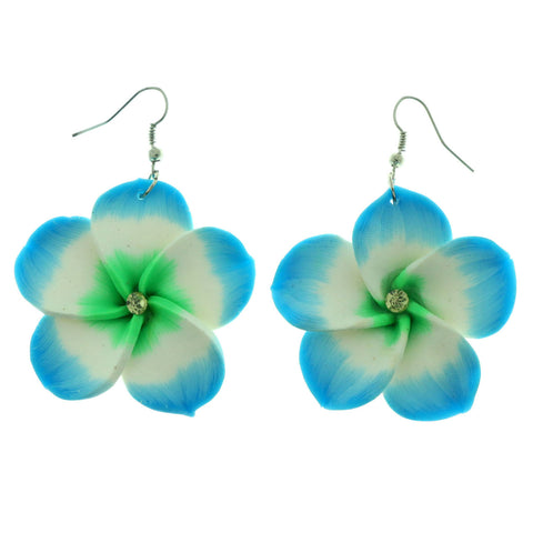 Blue & Green Flower Dangle-Earrings With Crystal Accents