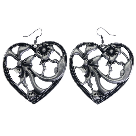 Mi Amore Antiqued Heart,Flower Dangle-Earrings Silver-Tone