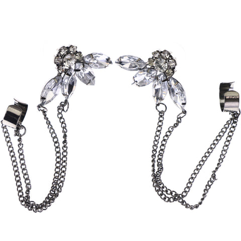 Mi Amore Flower Double Ear Cuff Stud-Earrings Silver-Tone & Black