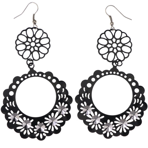 Mi Amore Flower Dangle-Earrings Black/Silver-Tone