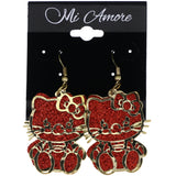 Mi Amore Glitter Sparkle,Kitty Bow Dangle-Earrings Red & Gold-Tone
