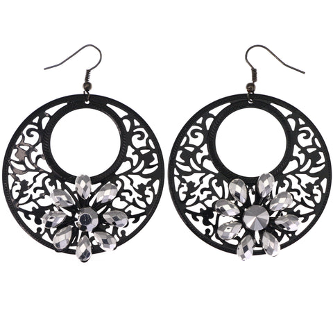 Mi Amore Faceted Flower Dangle-Earrings Black & Silver-Tone