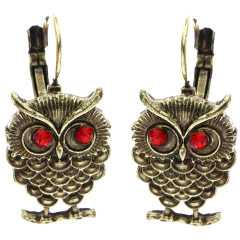 Mi Amore Antiqued Owl Dangle-Earrings Gold-Tone & Red
