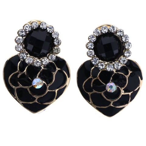 Mi Amore Heart Flower Stud-Earrings Black & Gold-Tone