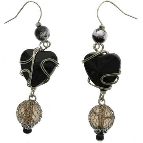Mi Amore Heart Mesh Wire Covered Bead Dangle-Earrings Silver-Tone & Black