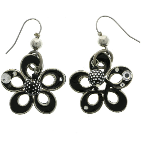Mi Amore Flower with Polka-Spot Bead Dangle-Earrings Silver-Tone/Black