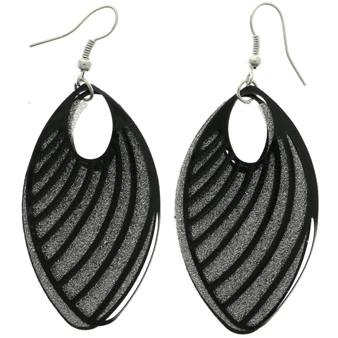 Mi Amore Stripe Cutout with Glitter Background Dangle-Earrings Black/Silver-Tone
