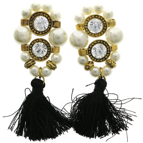 Mi Amore Black Tassel Dangle-Earrings Gold-Tone/White