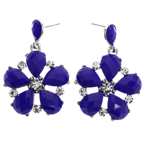 Mi Amore Faceted Flower Drop-Dangle-Earrings Blue & Silver-Tone