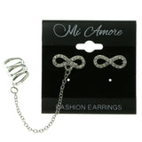 Silver-Tone Metal Stud-Earrings With Ear Cuff & Crystal Accents
