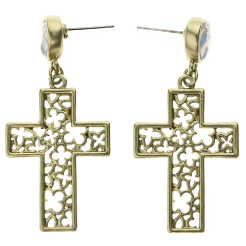 Mi Amore AB Finish Cross Drop-Dangle-Earrings Gold-Tone & White
