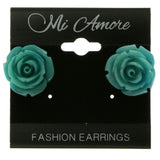 Plastic Rose Stud-Earrings Silver-Tone & Blue