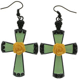 Mi Amore Cross  Skull Yellow Rose Dangle-Earrings Black/Green