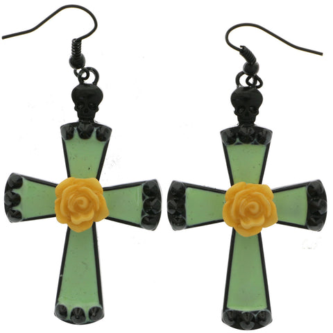 Mi Amore Cross  Skull Yellow Rose Dangle-Earrings Black/Green