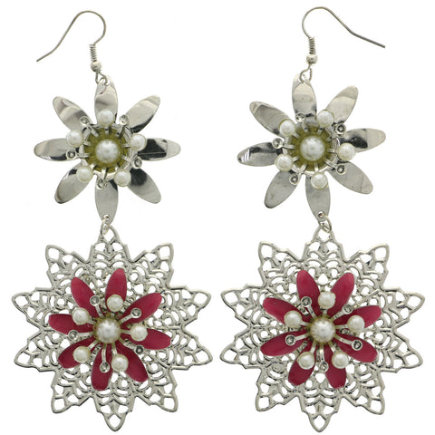 Mi Amore Flower Dangle-Earrings Silver-Tone/Pink