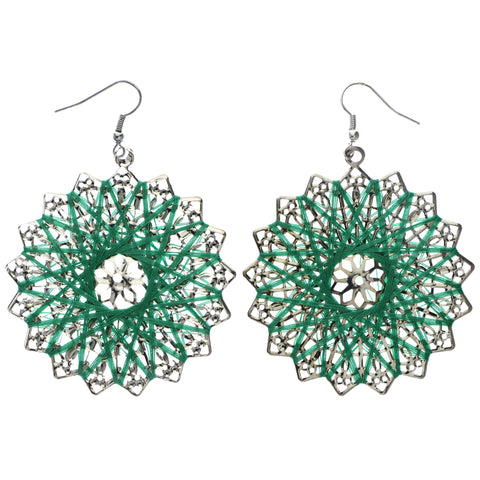 Mi Amore String Art Flower Dangle-Earrings Green & Silver-Tone