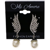 Mi Amore Angel Wing Drop-Dangle-Earrings Silver-Tone/White