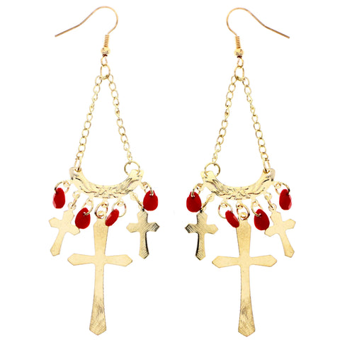 Mi Amore Cross Dangle-Earrings Gold-Tone/Red