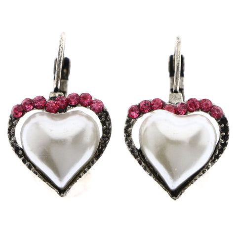 Mi Amore Antiqued Heart Dangle-Earrings White & Pink